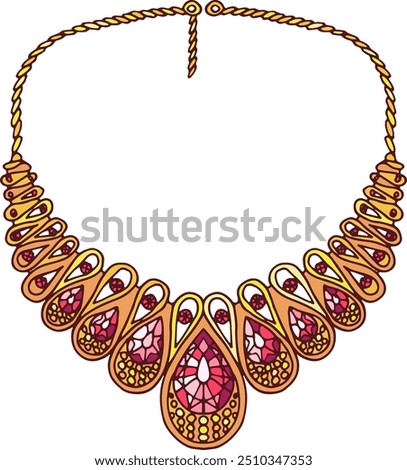 Luxury golden necklace with precious ruby gems color icon