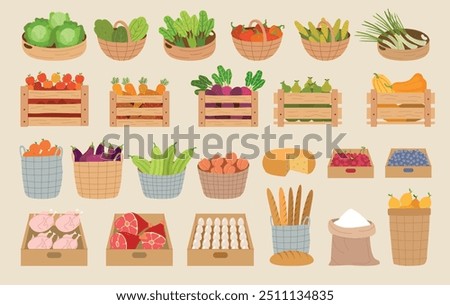 Farm products. Eco natural healthy food planting on farm fruits vegetables milk meat recent vector products in basket