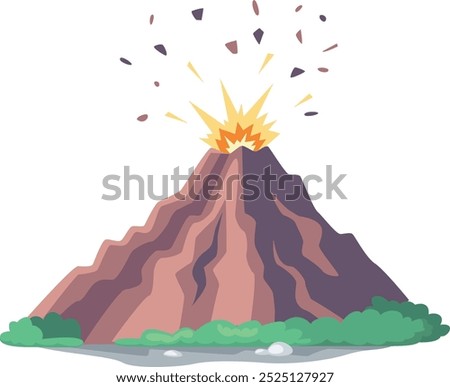 Volcano eruption cartoon illustration. Mountain with lava flows