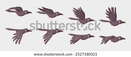 Crow flying. Keyframe animation of flying gothic birds 2d sequence exact vector cartoon template assets for game design projects