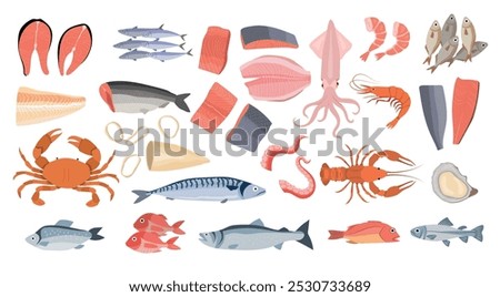 Seafood set. Water life fishes oyster for restaurant shellfish marine products recent vector seafood pictures top view