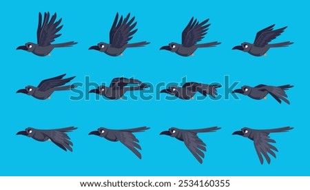 Bird sequence. Crow flying keyframe animation exact vector game assets collection templates