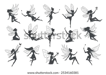 Fairy silhouettes. Flying beauty fantasy female characters in action poses recent vector fantasy female persons