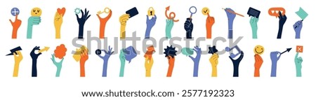 Hands holding. Different objects in human hands ribbons speech bubbles hearts gestures flags and stars recent vector illustration set