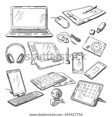 Different computer gadgets. Doodle vector illustrations isolate on white. Gadget sketch drawing, electronic laptop and video camera.