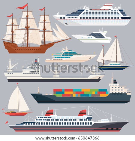 Sea transportation. Vector illustrations of ships and different boats. Flat style pictures.