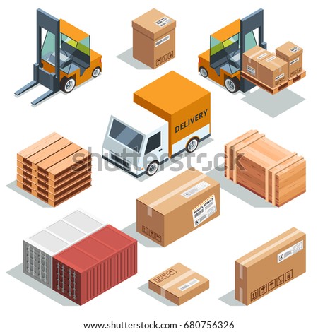 Isometric industry machine for lading, freight and different boxes and pallets. Logistic illustrations