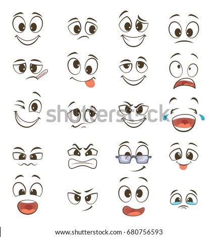 Cartoon happy faces with different expressions. Vector illustrations