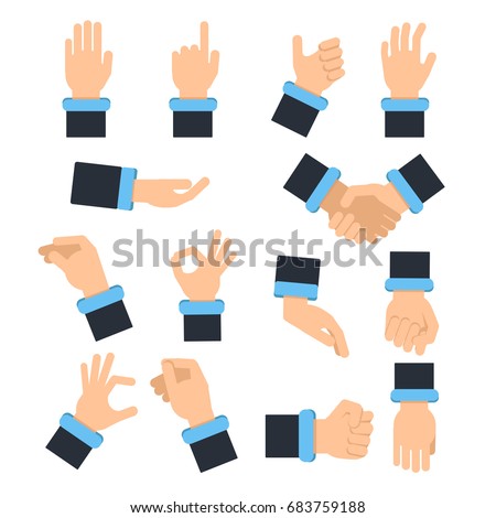 Holding hands in different action poses. Grabbing, taking and other. Vector pictures in flat style