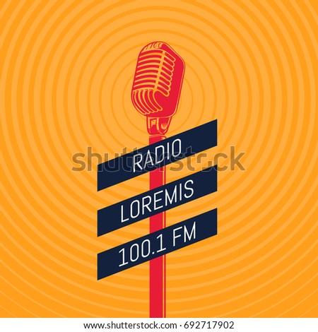 Vector vintage microphone radio illustration on radio signal circles background