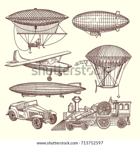 Illustrations set of machines in steampunk style. Vector transport zeppelin and airship, car and train transportation