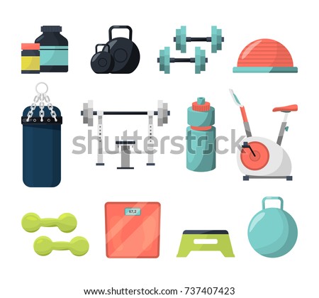 Different equipment for gym. Weight, gymnastic ball, dumbbells and other tools for powerlifting or bodybuilding. Fitness and sport, dumbbell and weight equipment, vector illustration