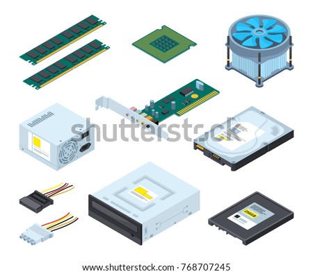 Different hardware parts and components of personal computer. Vector isometric pictures set. Memory and hdd device illustration