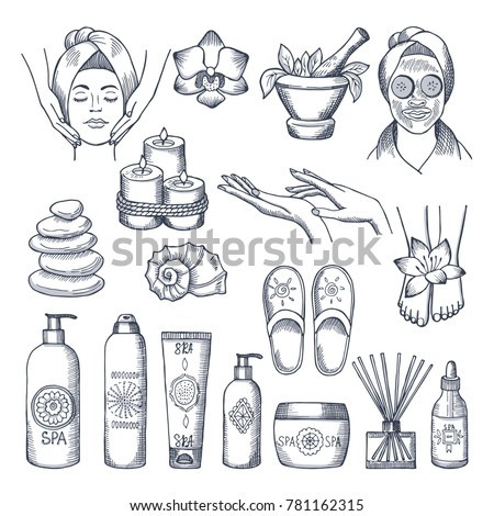 Illustrations set for spa salon. Candles, oils and stones, water therapy. Beauty therapy and spa relaxation for wellness vector