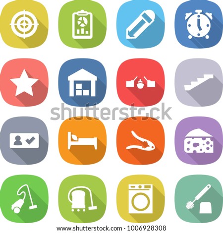 flat vector icon set - target vector, report, pencil, alarm clock, star, warehouse, drawbridge, stairs, check in, bed, walnut crack, cheese, vacuum cleaner, washing machine, toilet brush