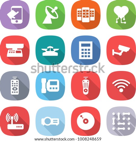 flat vector icon set - touch vector, satellite antenna, server, cardio chip, market scales, calculator, surveillance, remote control, intercome, wireless, router, projector, cd, circuit