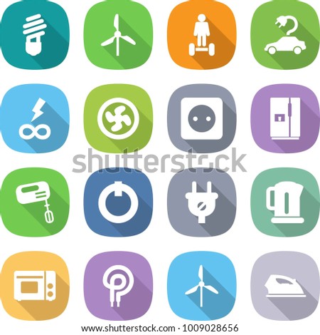 flat vector icon set - bulb vector, windmill, hoverboard, electric car, infinity power, cooler fan, socket, fridge, mixer, on off button, plug, kettle, grill oven, elecric, iron