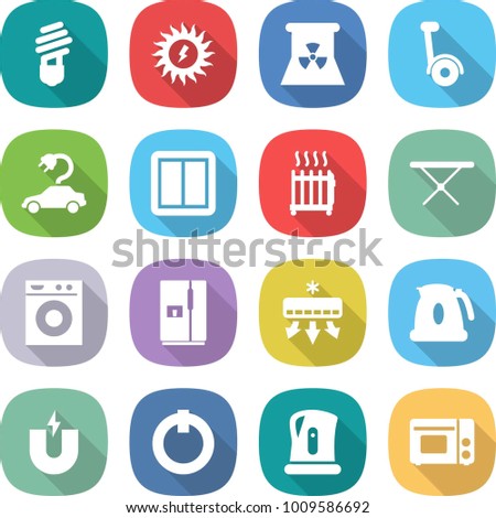 flat vector icon set - bulb vector, sun power, nuclear, gyroscooter, electric car, switch, radiator, iron board, washing machine, fridge, air conditioning, kettle, magnet, on off button, grill oven