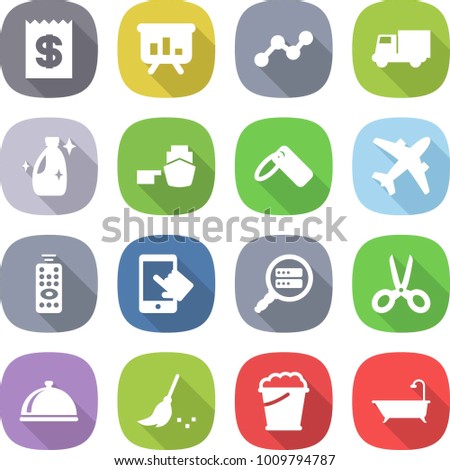 flat vector icon set - receipt vector, presentation, graph, truck, cleanser, port, label, airplane, remote control, touchscreen, data search, scissors, meal cap, broom, foam bucket, bath