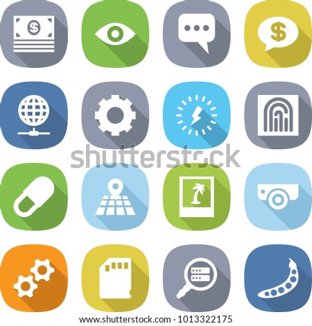 flat vector icon set - money vector, eye, message, globe connect, gear, lightning, fingerprint, pill, map, photo, surveillance camera, gears, sd card, data search, peas