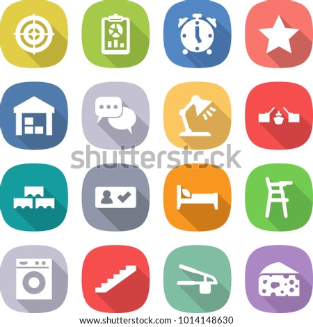 flat vector icon set - target vector, report, alarm clock, star, warehouse, discussion, table lamp, drawbridge, block wall, check in, bed, Chair for babies, washing machine, stairs, garlic clasp