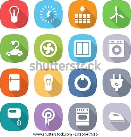 flat vector icon set - bulb vector, lightning, sun power, windmill, electric car, cooler fan, switch, washing machine, fridge, on off button, plug, mixer, elecric oven, iron