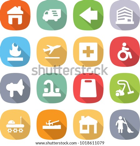 flat vector icon set - home vector, delivery, left arrow, office, flammable, departure, first aid, invalid, loudspeaker, water tap, cutting board, vacuum cleaner, lunar rover, soil cutter, house