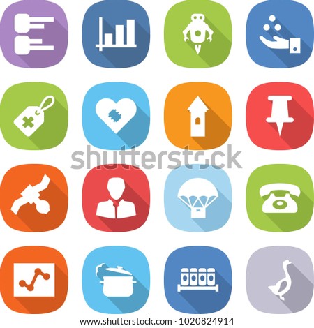 flat vector icon set - diagram vector, graph, jet robot, chemical industry, medical label, pacemaker, tower, pin, satellite, client, parachute delivery, phone, analytics, steam pan, spices, goose