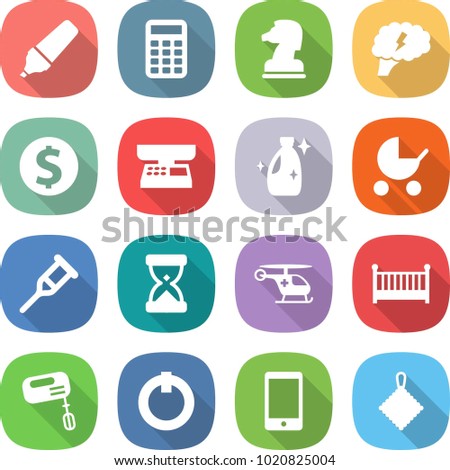 flat vector icon set - marker vector, calculator, chess horse, brain, dollar coin, market scales, cleanser, baby stroller, crutch, sand clock, ambulance helicopter, crib, mixer, on off button, phone