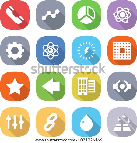 flat vector icon set - phone vector, graph, diagram, atom, gear, lightning, cpu, star, left arrow, houses, connect, setup, link, drop, clean floor
