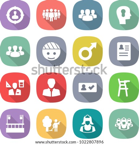 flat vector icon set - target audience vector, team, group, bulb head, bandaged, male sign, anamnesis, architector, client, check in, Chair for babies, skysrcapers cleaning, garden, cleaner