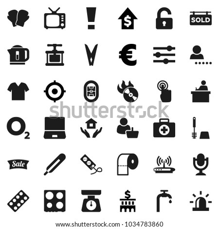 Flat vector icon set - clothespin vector, toilet brush, house hold, paper, scales, cook press, oven, student, dollar growth, bank building, target, euro sign, boxing glove, first aid kit, oxygen, tv