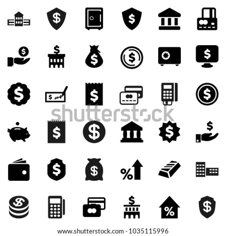 Flat vector icon set - school building vector, bank, dollar coin, gold ingot, credit card, wallet, percent growth, money bag, piggy, investment, check, receipt, medal, shield, safe, monitor, reader