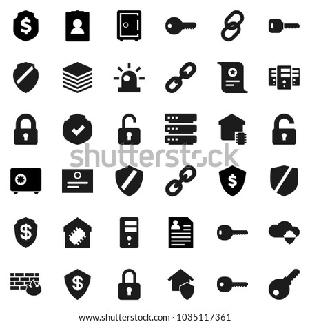 Flat vector icon set - certificate vector, personal information, dollar shield, safe, protected, link, cloud, big data, server, firewall, chain, key, siren, lock, unlock, smart home, protect