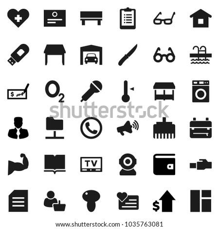 Flat vector icon set - washer vector, knife, thermometer, mushroom, book, glasses, backpack, certificate, document, wallet, manager, dollar growth, check, clipboard, muscule hand, pool, oxygen, tv