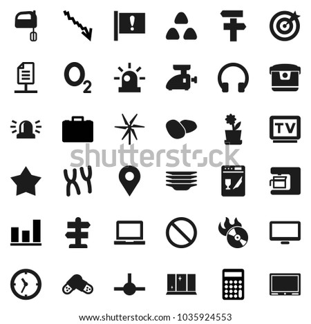 Flat vector icon set - plates vector, shining window, mixer, cereal, potato, notebook pc, graph, crisis, case, calculator, prohibition sign, oxygen, signpost, attention, clock, music hit, tv, pills