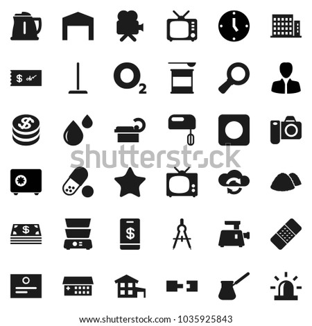 Flat vector icon set - mop vector, garbage pile, kettle, turk coffee, double boiler, drawing compass, certificate, magnifier, manager, clock, safe, pills, sports nutrition, oxygen, tv, video camera