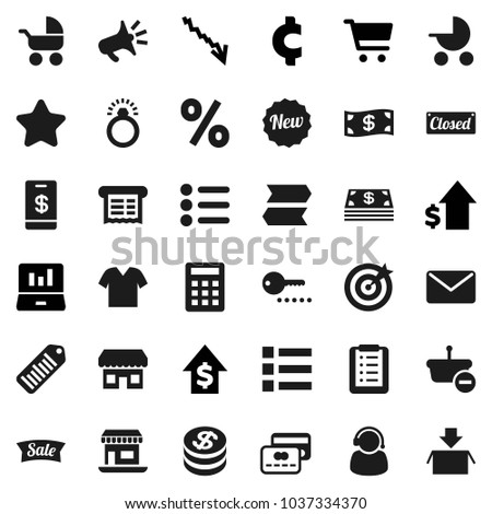 Flat vector icon set - cart vector, laptop graph, crisis, dollar growth, cent sign, office, barcode, credit card, coin, cash, star, sale, new, closed, percent, store, support, target, receipt, mail