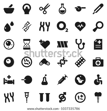 Flat vector icon set - heart pulse vector, first aid kit, oxygen, disabled, cross, thermometer, flask, vial, gender sign, dna, magnifier, pregnancy, insemination, syringe, crutches, scissors, pills