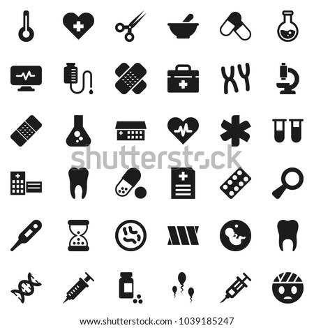 Flat vector icon set - flask vector, pills vial, doctor bag, ambulance star, heart pulse, cross, thermometer, dna, magnifier, pregnancy, syringe, scissors, sand clock, patch, blister, mortar, sperm