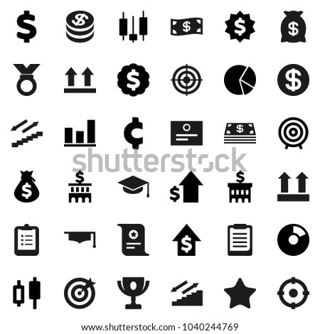 Flat vector icon set - graduate hat vector, clipboard, award cup, certificate, graph, pie, japanese candle, money bag, dollar growth, bank building, target, medal, cent sign, stairways run, top