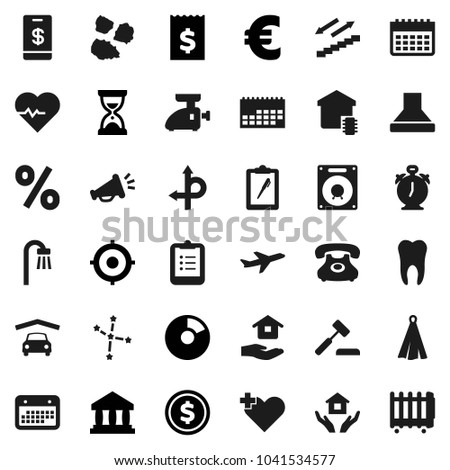 Flat vector icon set - house hold vector, garbage pile, towel, alarm clock, clipboard, constellation, bank, dollar coin, pie graph, receipt, target, sand, euro sign, heart pulse, calendar, route