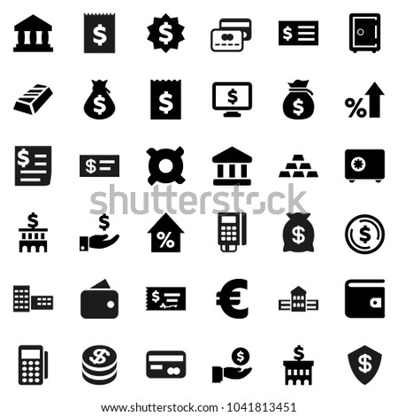 Flat vector icon set - school building vector, bank, dollar coin, gold ingot, wallet, percent growth, money bag, investment, check, receipt, medal, safe, monitor, any currency, euro sign, reader