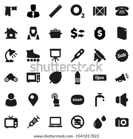 Flat vector icon set - soap vector, drying clothes, washing powder, cleaner woman, pan, rolling pin, microwave oven, ruler, table lamp, notebook pc, presentation, leaf, exchange, manager, oxygen, tv