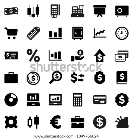 Flat vector icon set - exchange vector, dollar coin, graph, pie, cart, japanese candle, laptop, case, investment, growth, check, annual report, calculator, money search, clock, presentation board