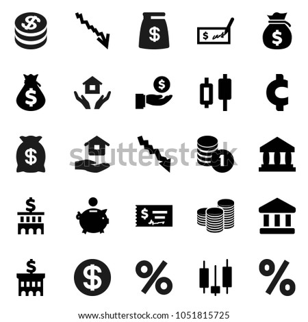 Flat vector icon set - house hold vector, bank, japanese candle, crisis, money bag, piggy, investment, coin stack, check, building, cent sign, dollar, percent