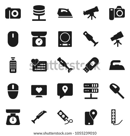 Flat vector icon set - iron vector, scales, blender, telescope, heart monitor, traking, remote control, network server, usb modem, kitchen, vacuum cleaner, camera, mouse, multi socket