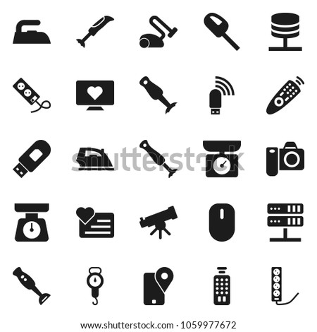 Flat vector icon set - iron vector, scales, blender, telescope, heart monitor, traking, remote control, network server, usb modem, kitchen, vacuum cleaner, camera, mouse, multi socket