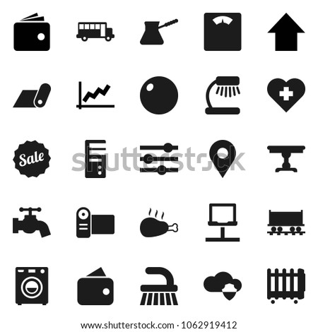 Flat vector icon set - fetlock vector, water tap, turk coffee, chicken leg, table lamp, school bus, graph, wallet, arrow up, scales, fitball, fitness mat, heart cross, Railway carriage, cloud shield