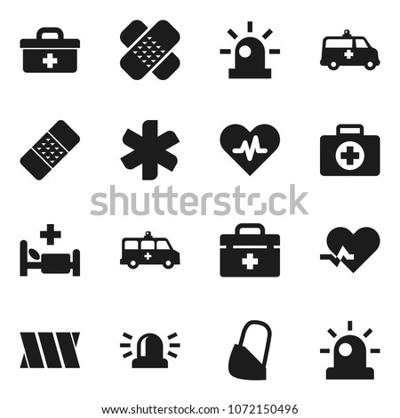 Flat vector icon set - first aid kit vector, doctor bag, ambulance star, heart pulse, patch, hospital bed, amkbulance car, bandage, siren